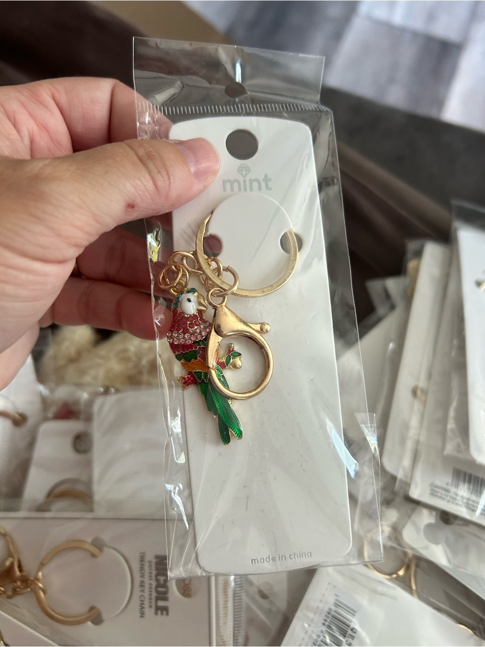 4/$50 mint Gold Parrot Keychain Charm - Green & Red
